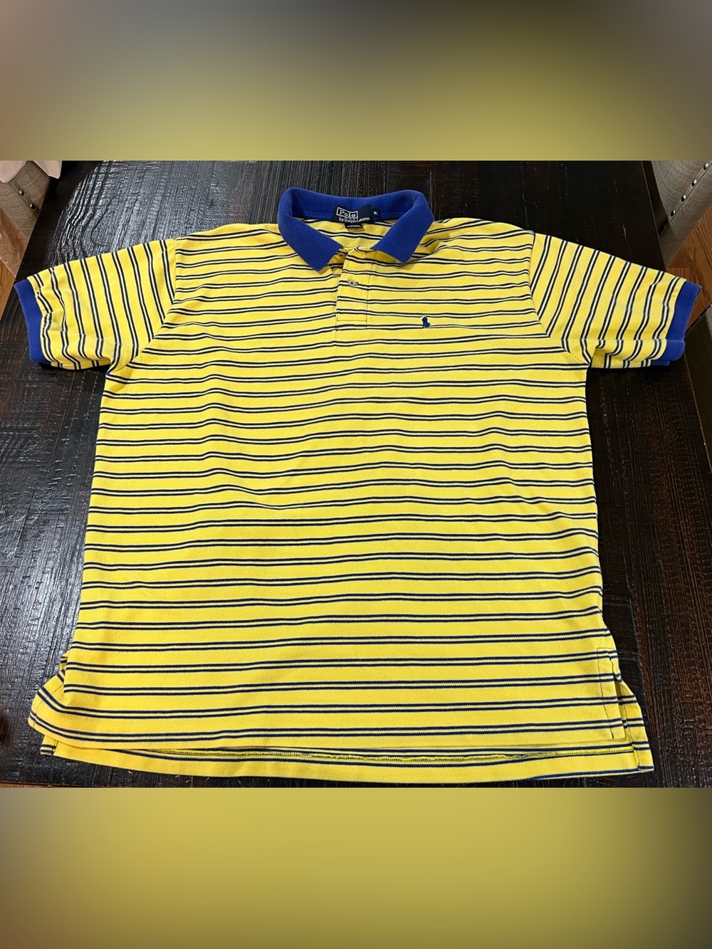 Polo Ralph Lauren Mens XXL Polo Shirt Yellow Blue Stripe Cotton Pony Preppy